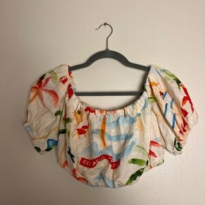 Farm Rio Watercolor Print Puff-Sleeve Crop Top